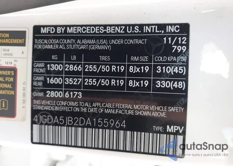 2013 Mercedes-Benz Ml 350 from USA, damaged, VIN 4JGDA5JB2DA155964